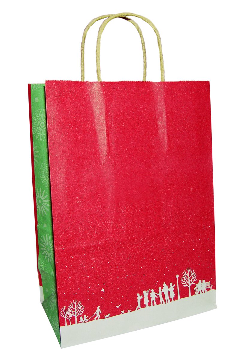 red bag with white snow on it that has a green handle