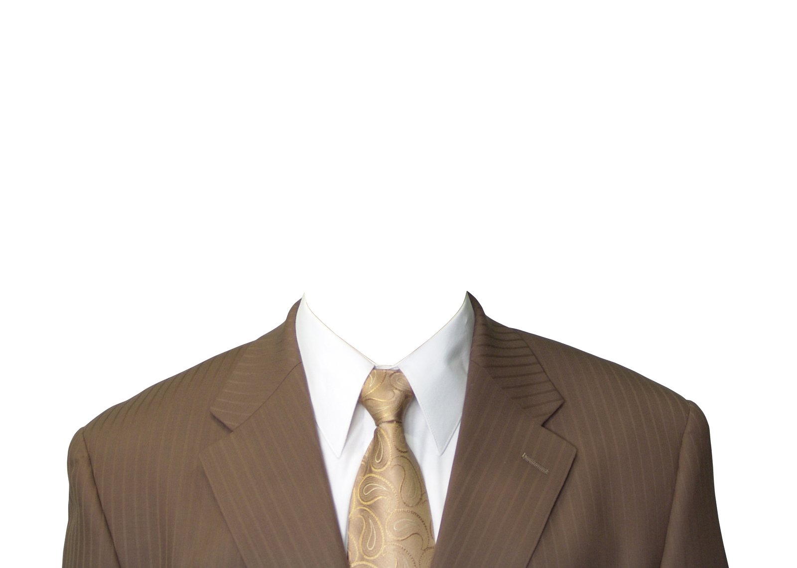 a brown suit with white shirt and a gold tie