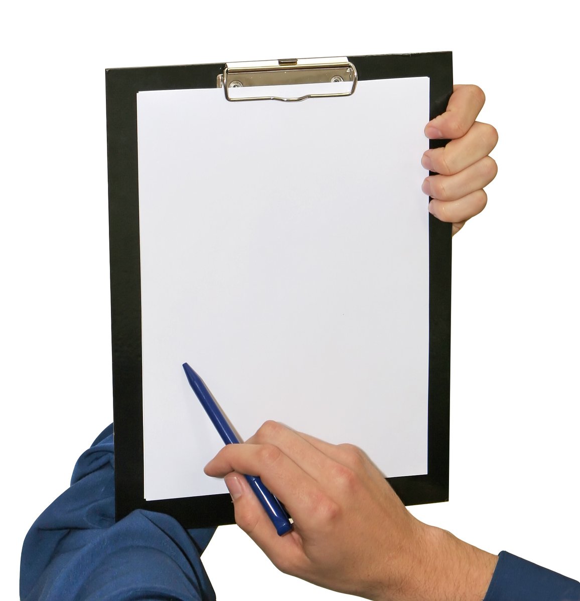 person holding clipboard and pen for writing on white sheet of paper