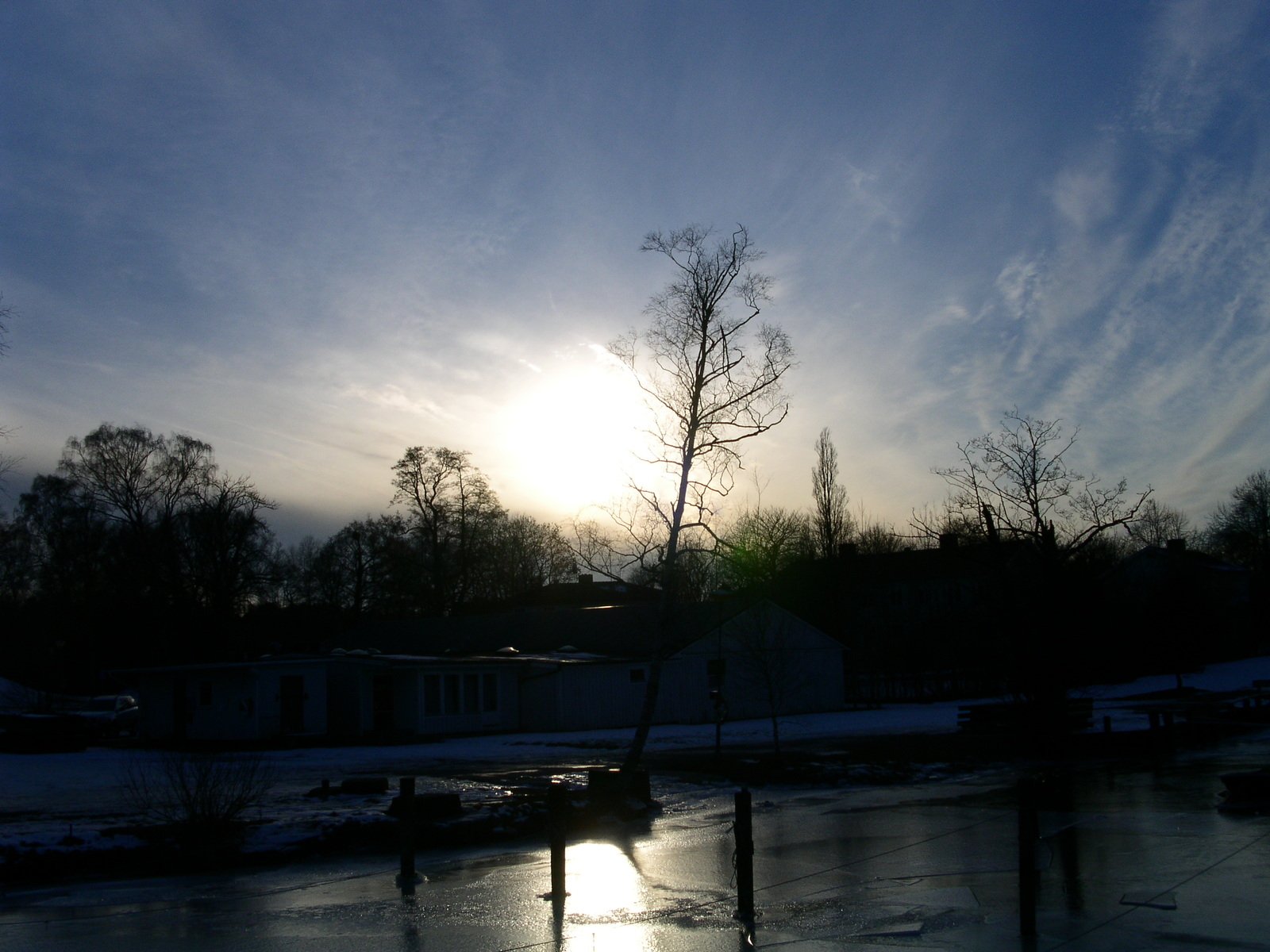 a frozen lake sitting next to a forest