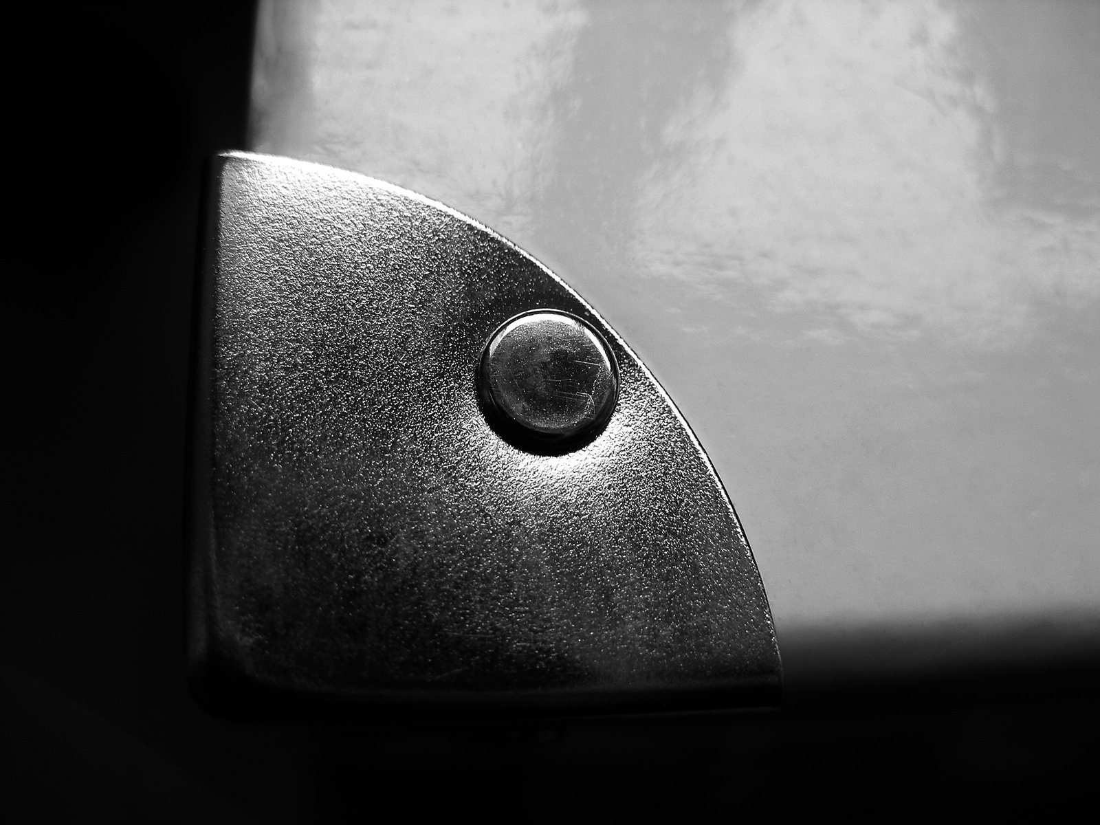 black and white pograph of a on on the side of a white object