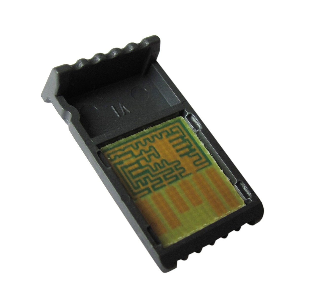 a close up view of a small, black, plastic device
