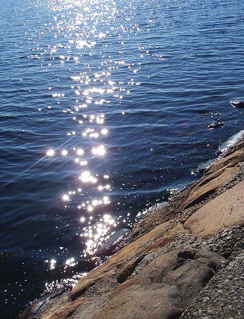 a bright sunlight shines brightly from the water