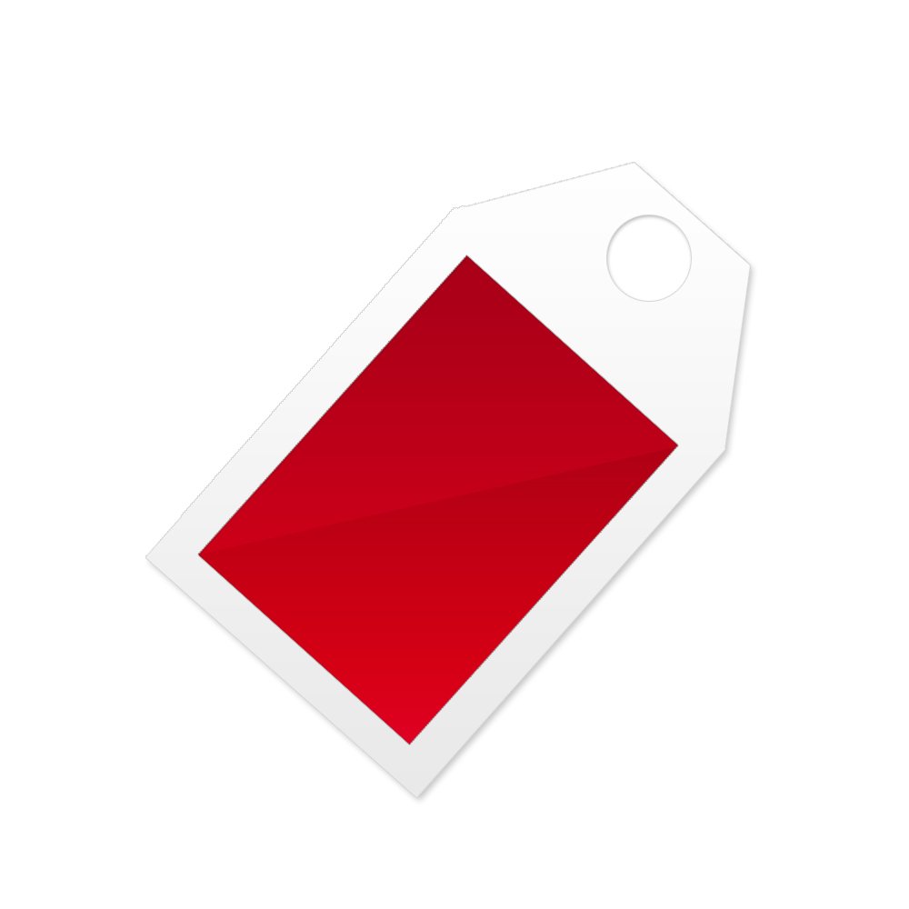a white tag with red print and two dots