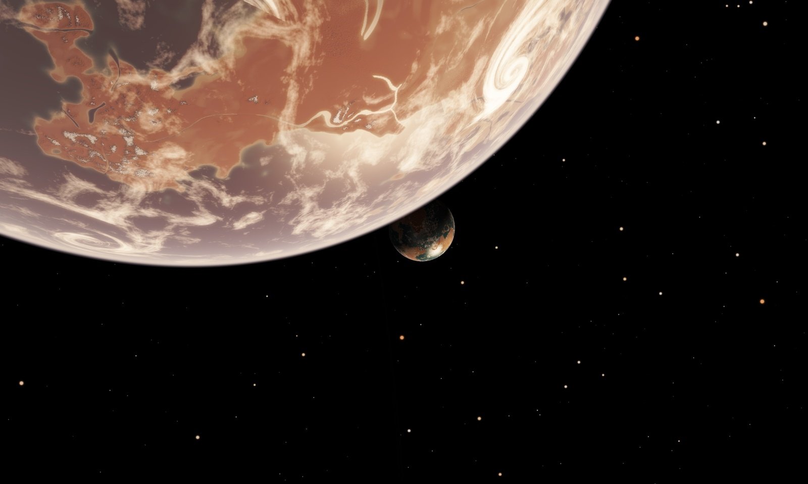 a large brown and blue planet with two smaller ones