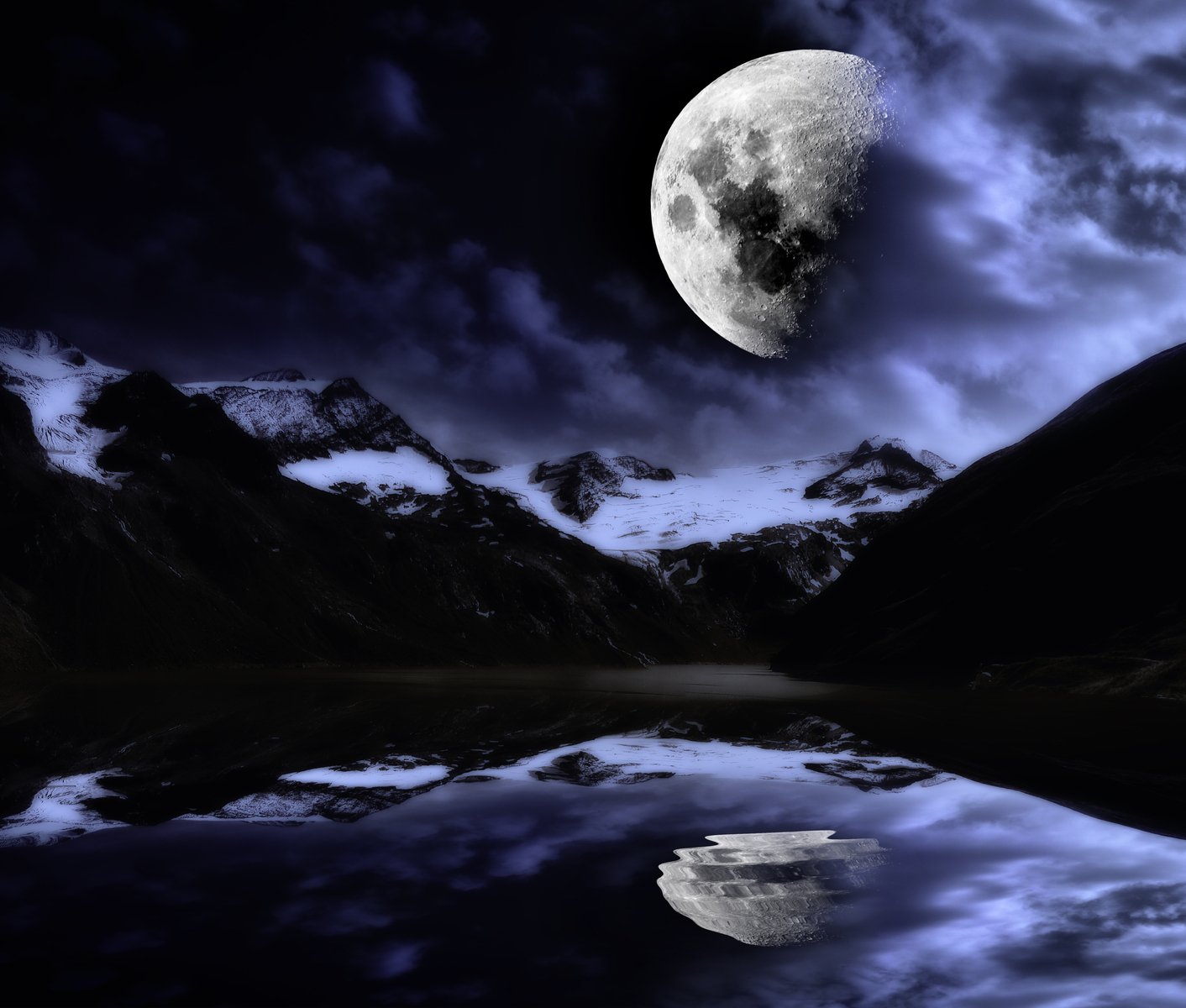 two mountains reflecting in water at night with the moon