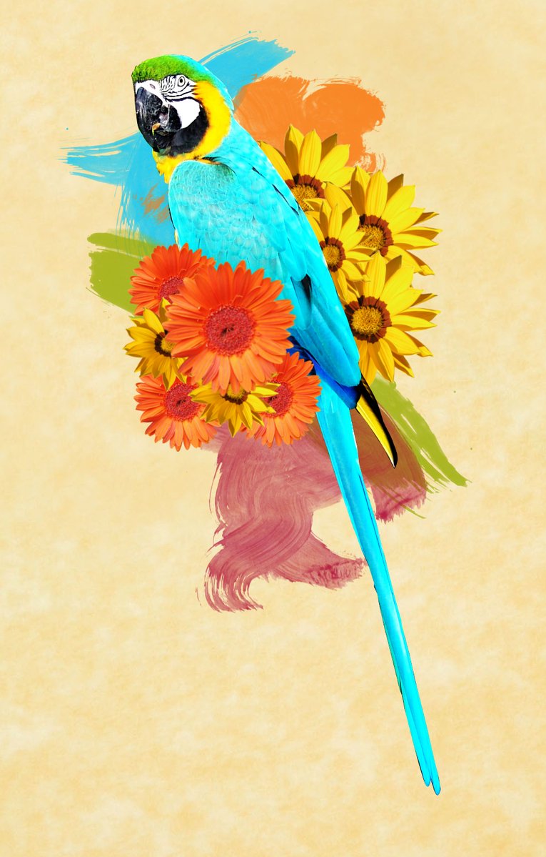 a parrot sitting on top of a yellow bird vase with flowers in it