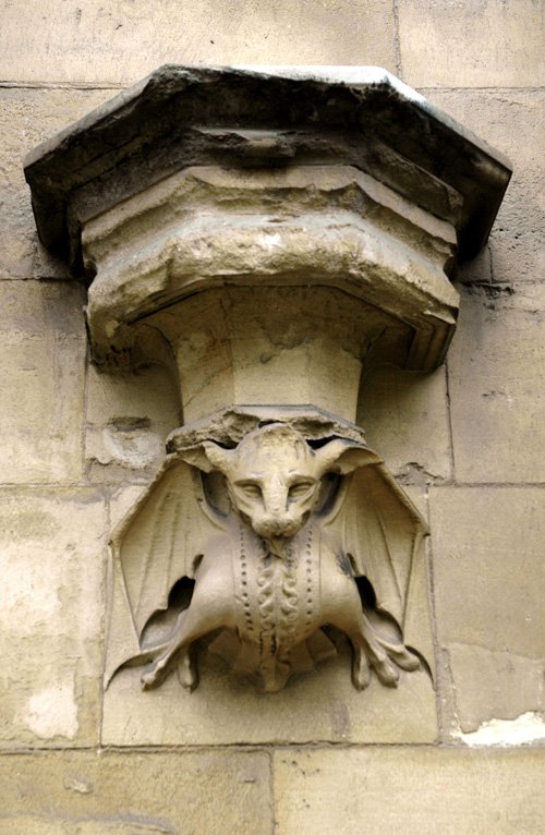 stone gargoyle or head of dragon in a corner on building