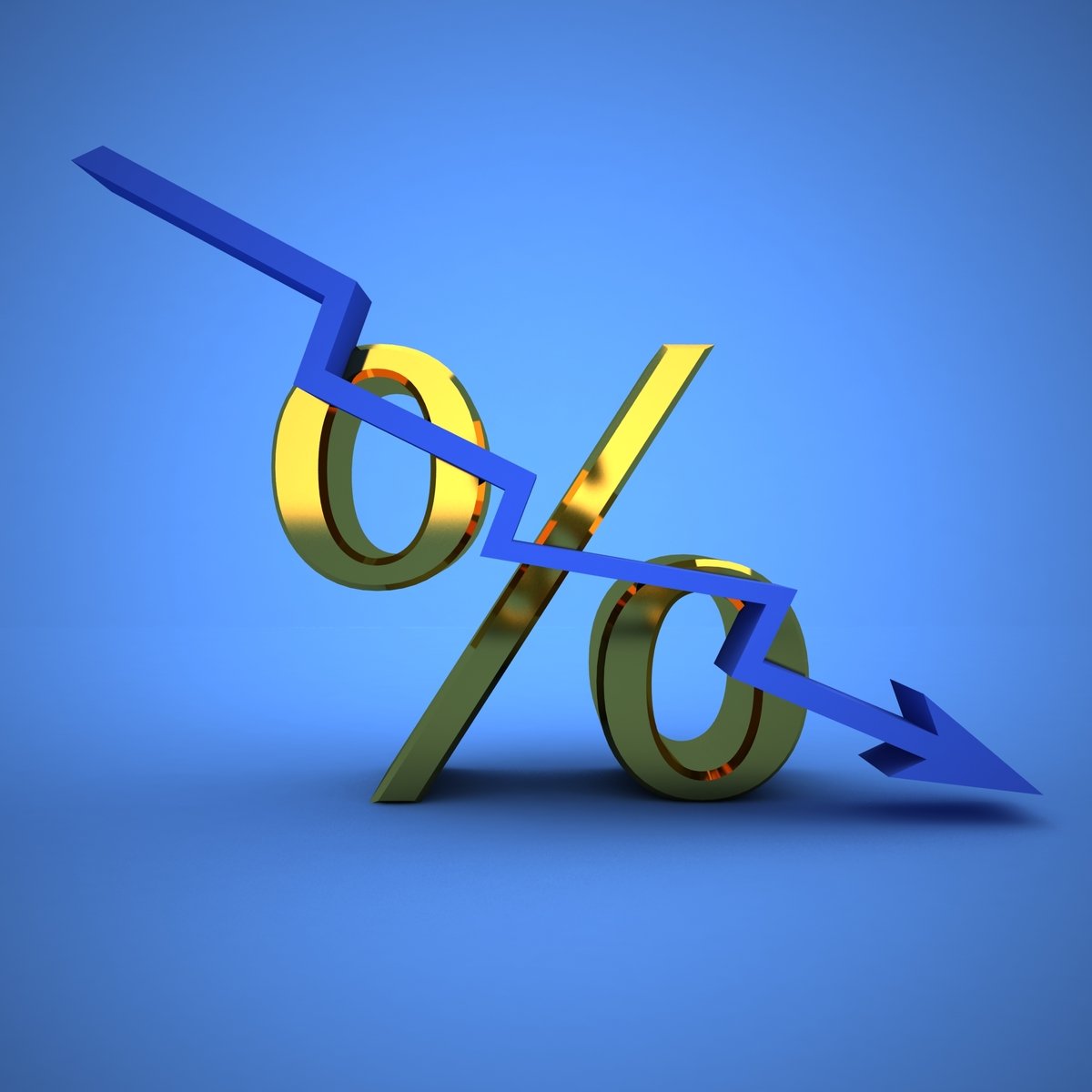 3d rendered gold and blue graph symbol and percent