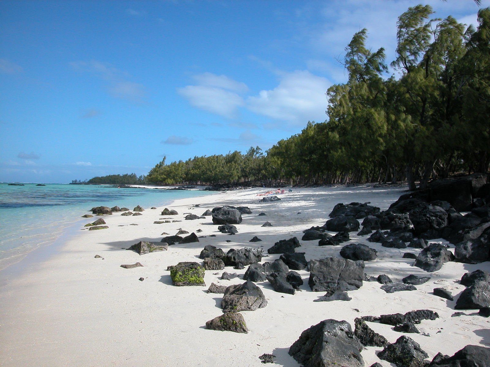 white beach, rocks and trees under blue skies