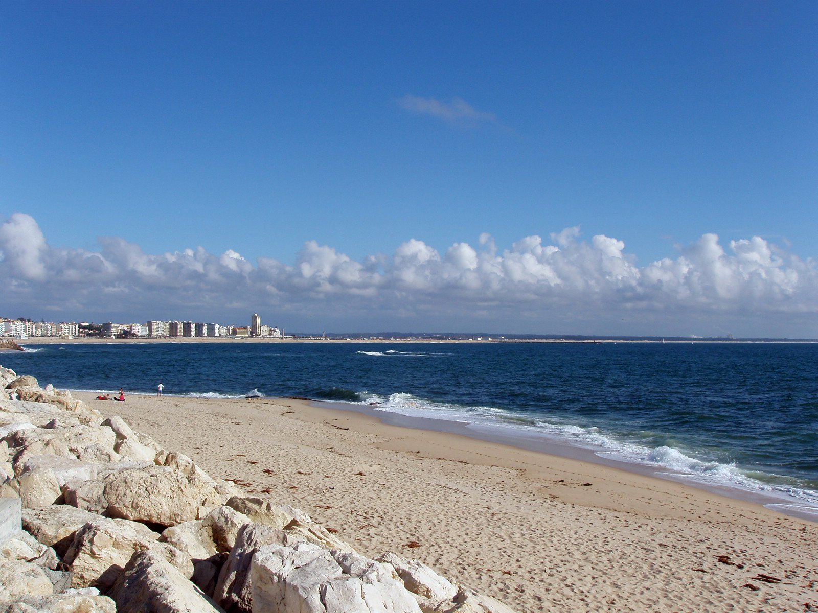 a sandy beach and city skyline under a bright blue sky