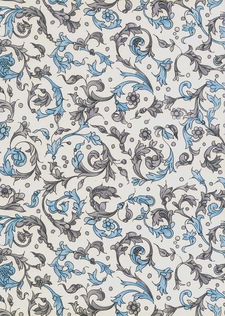 a blue and white wallpaper with a floral design