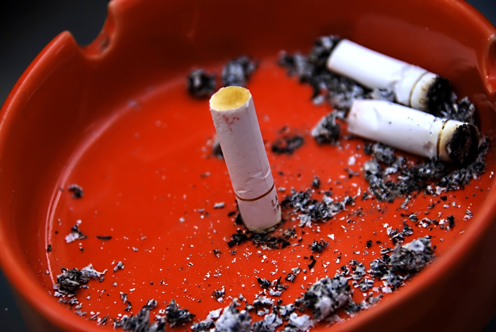 two cigarettes in a red bowl that is being used to fill up with soing