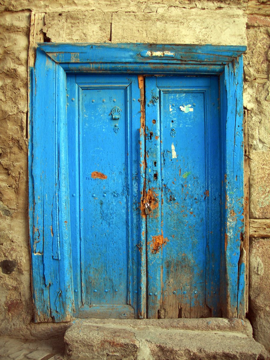 an old blue door with a cat in front of it