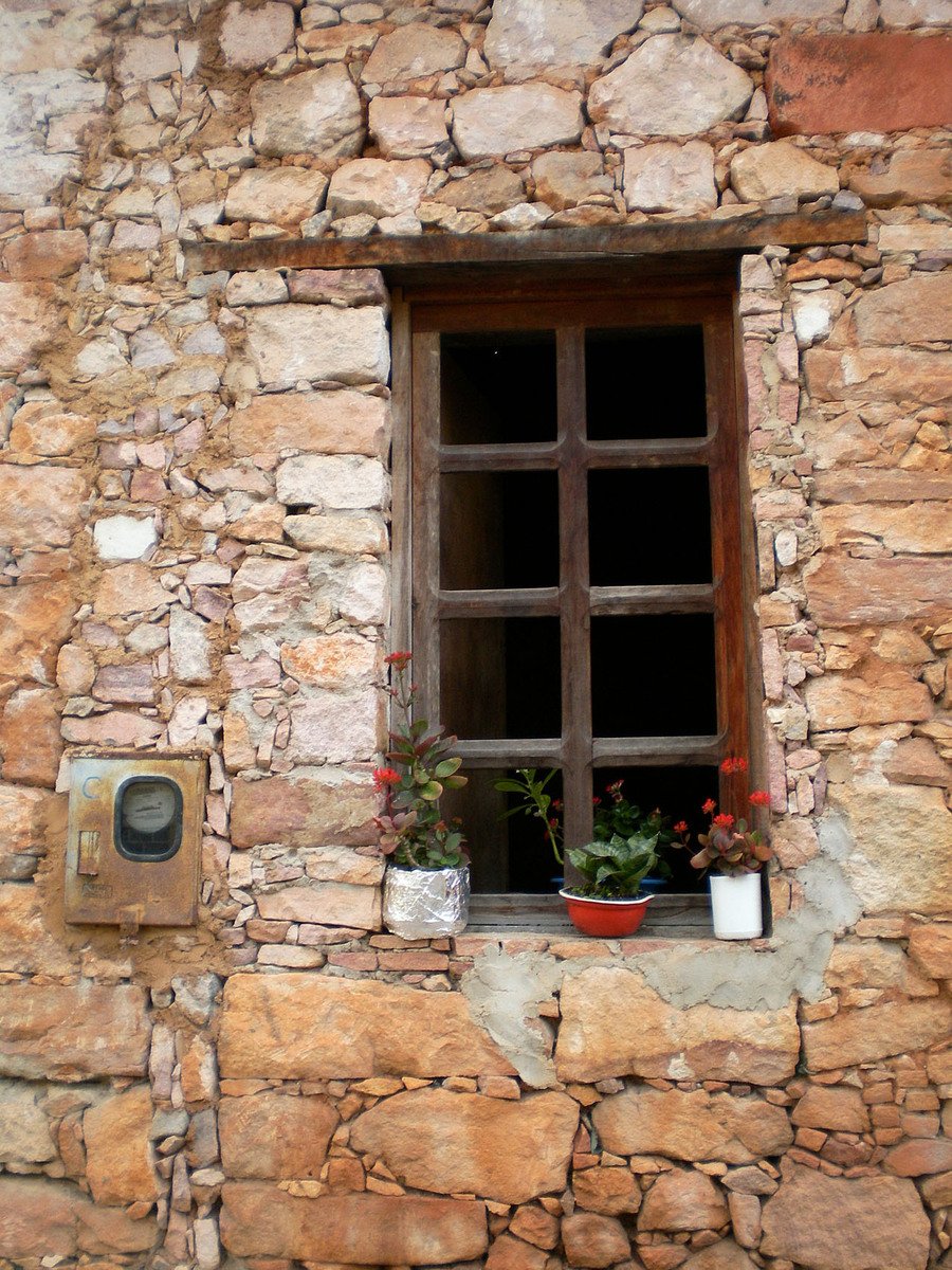 a small window with two potted plants by the window