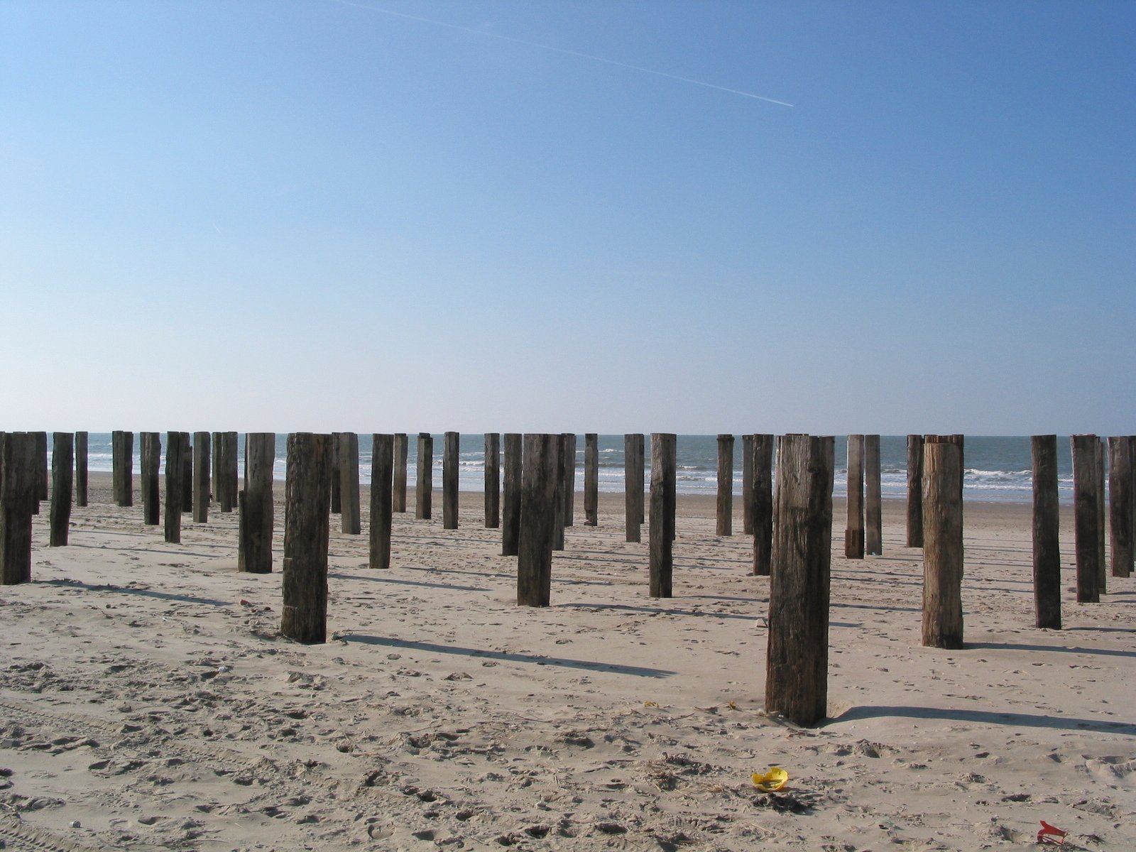 some poles on a beach that look like they are made from tree trunks