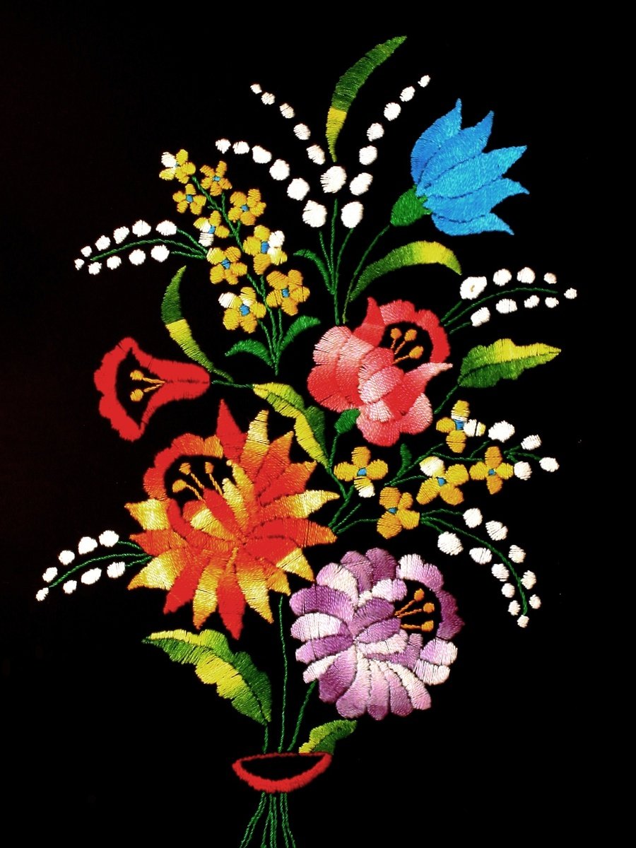 an embroidered picture of a bouquet of flowers