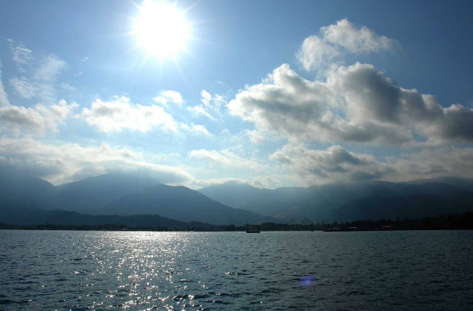 a large body of water with a bunch of clouds above