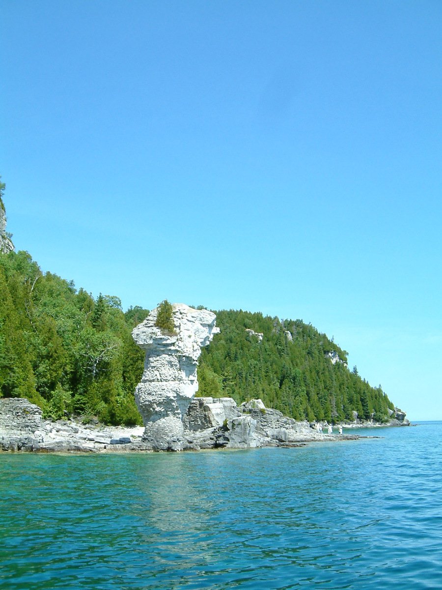 an empty shore and small island on the far side