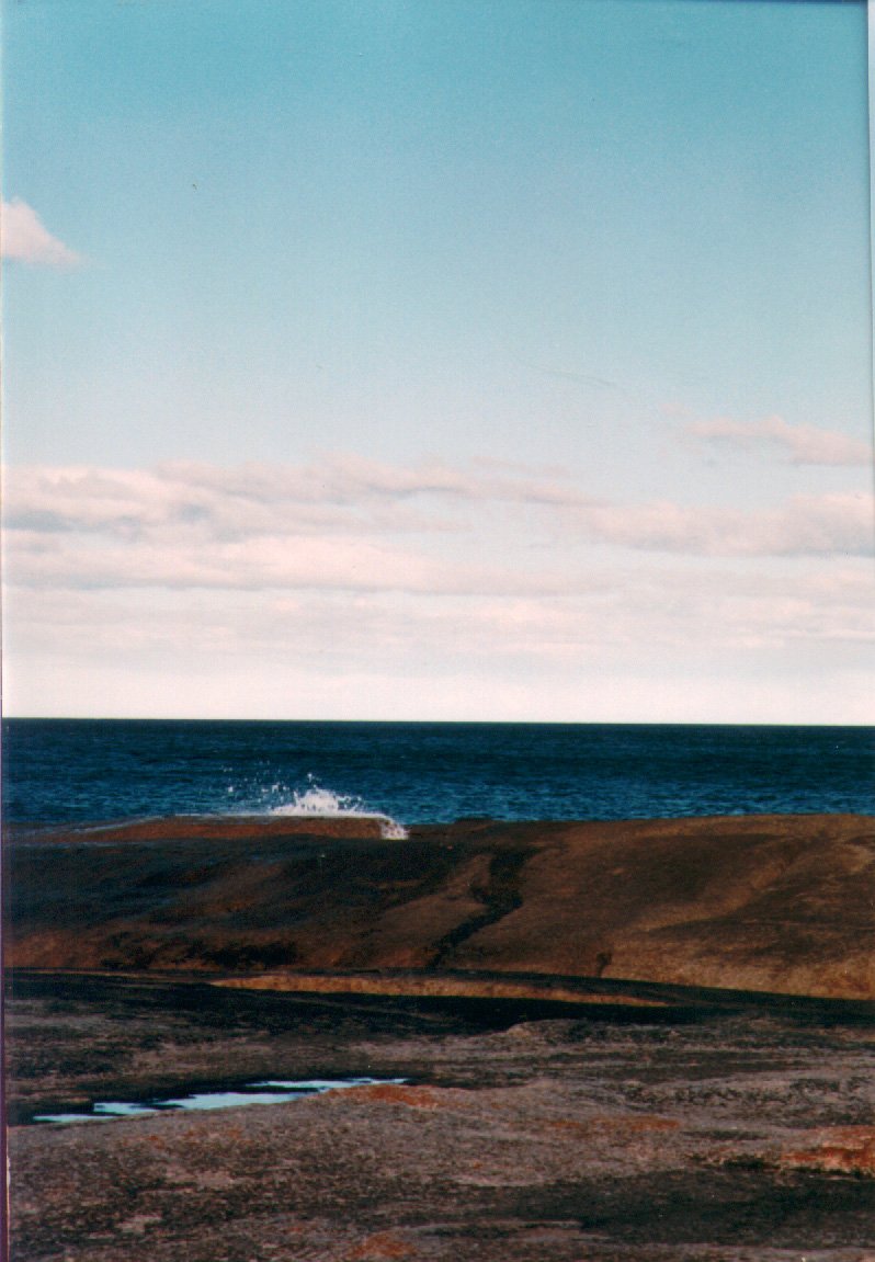 a person walking on the shore by a cliff