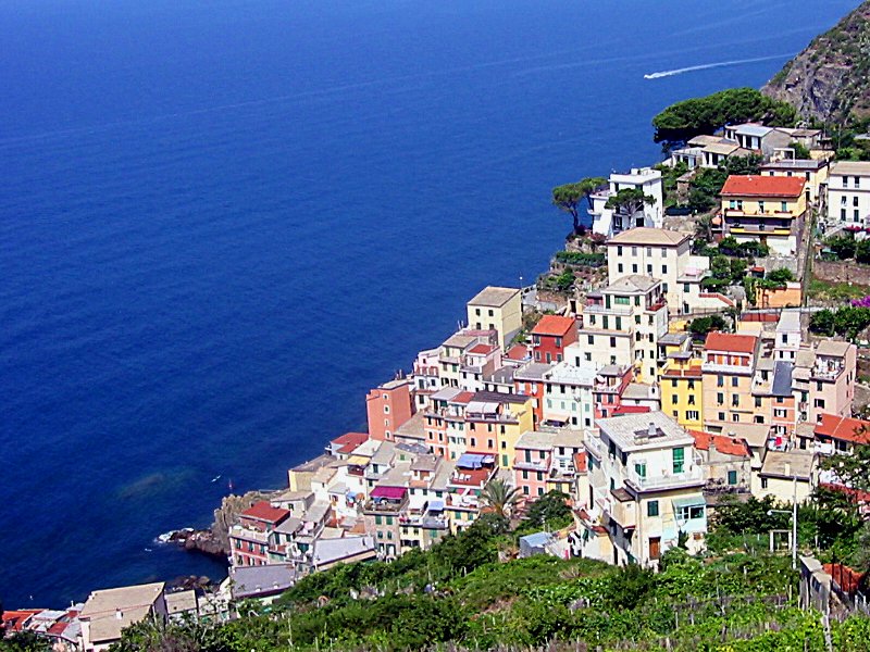 a group of houses on the hillside over looking a body of water