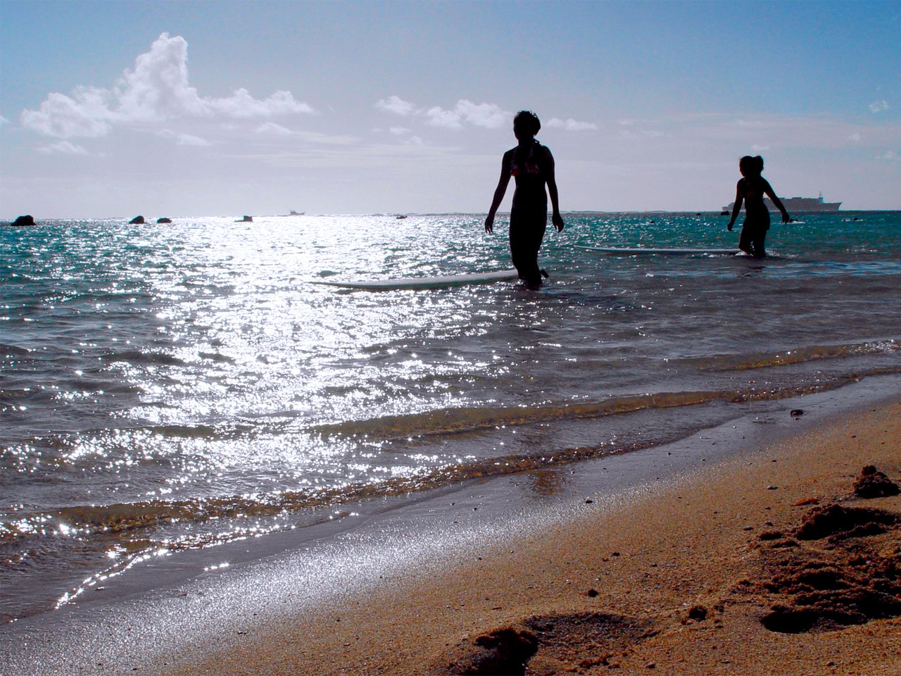 two people walking in shallow water onto a beach