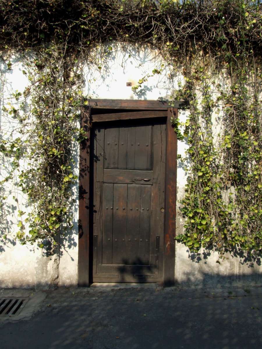 a large wooden door is set between two white walls