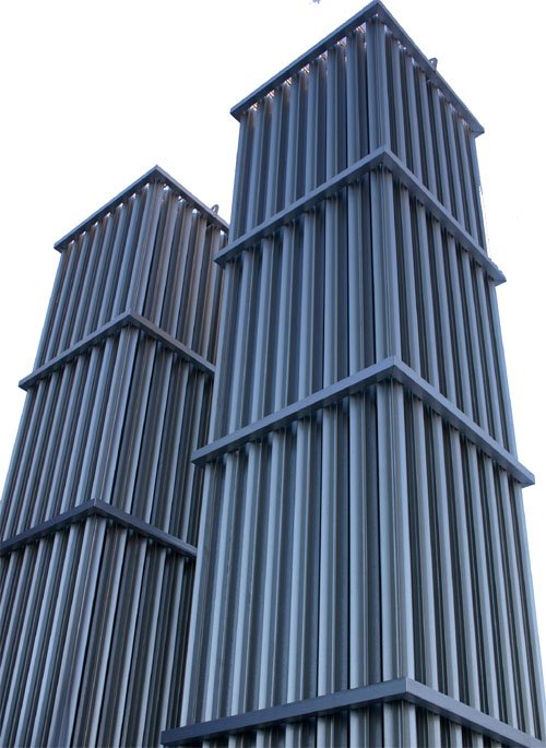 a tall building is made from a lot of metal slats