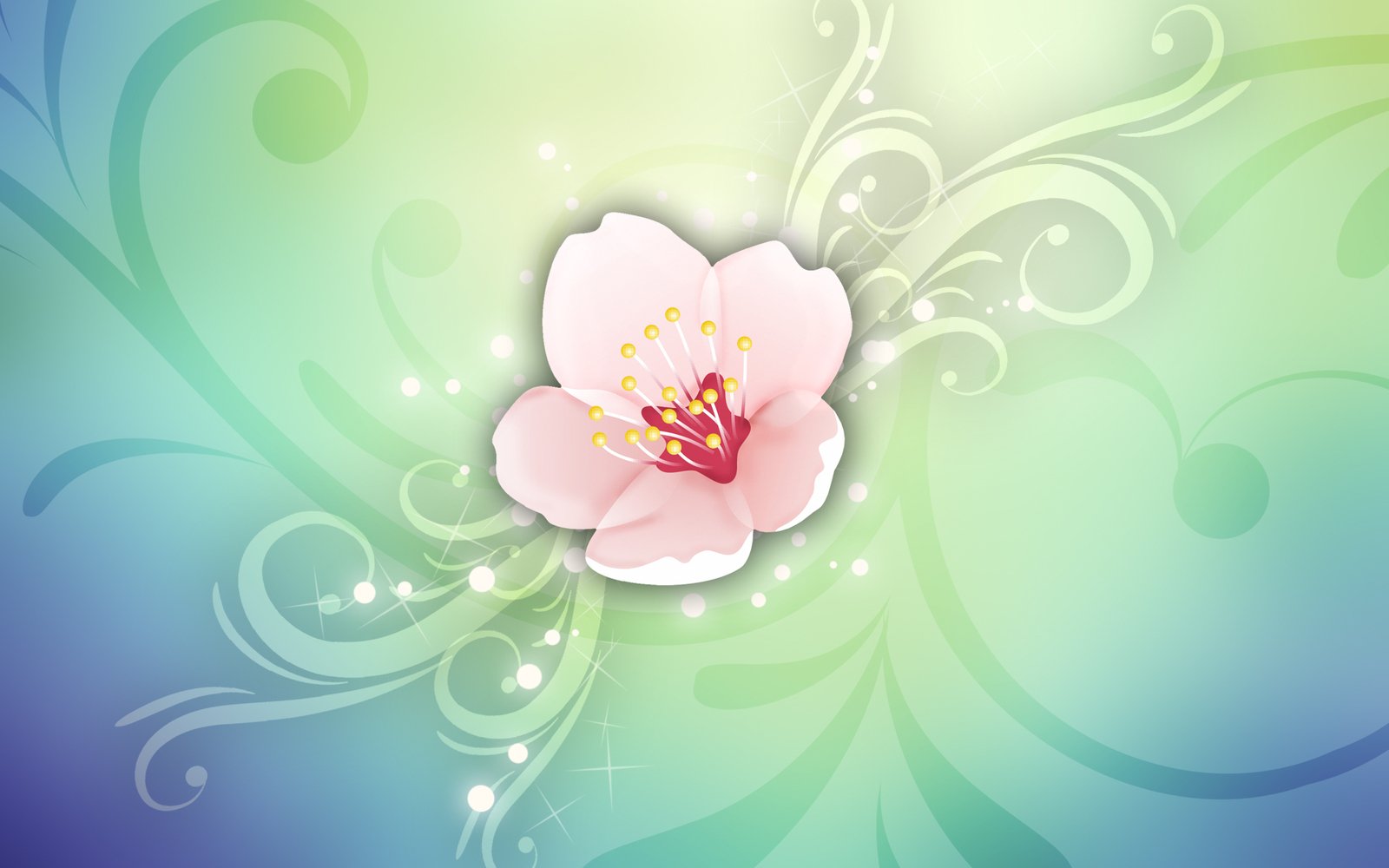 pink flower on green and purple background with swirls