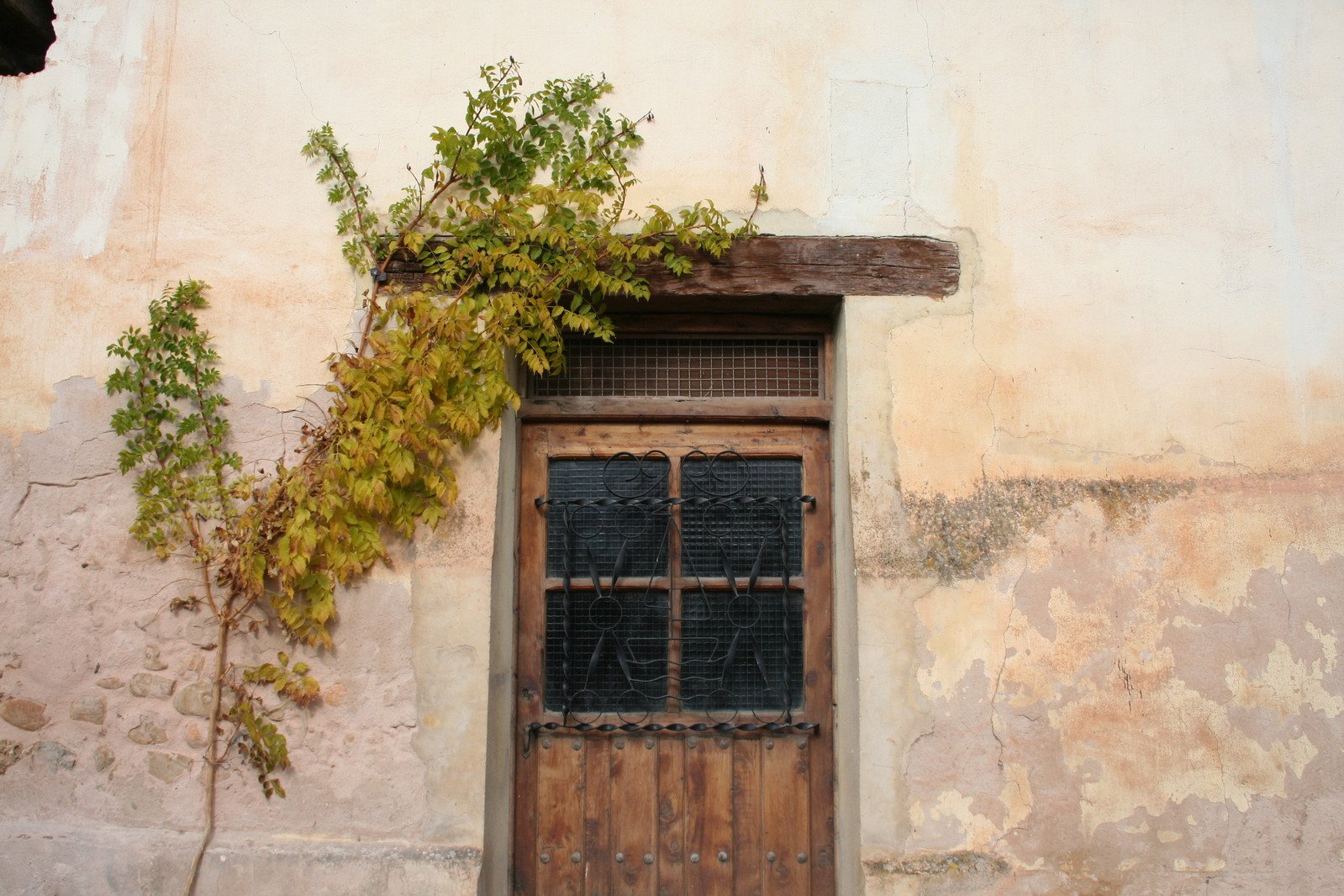 a large wooden door and window sitting outside of a building