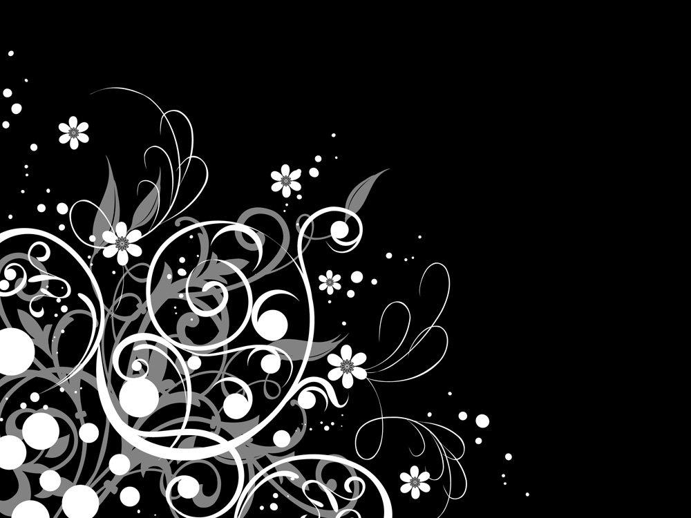 white and black floral background with bubbles and curls