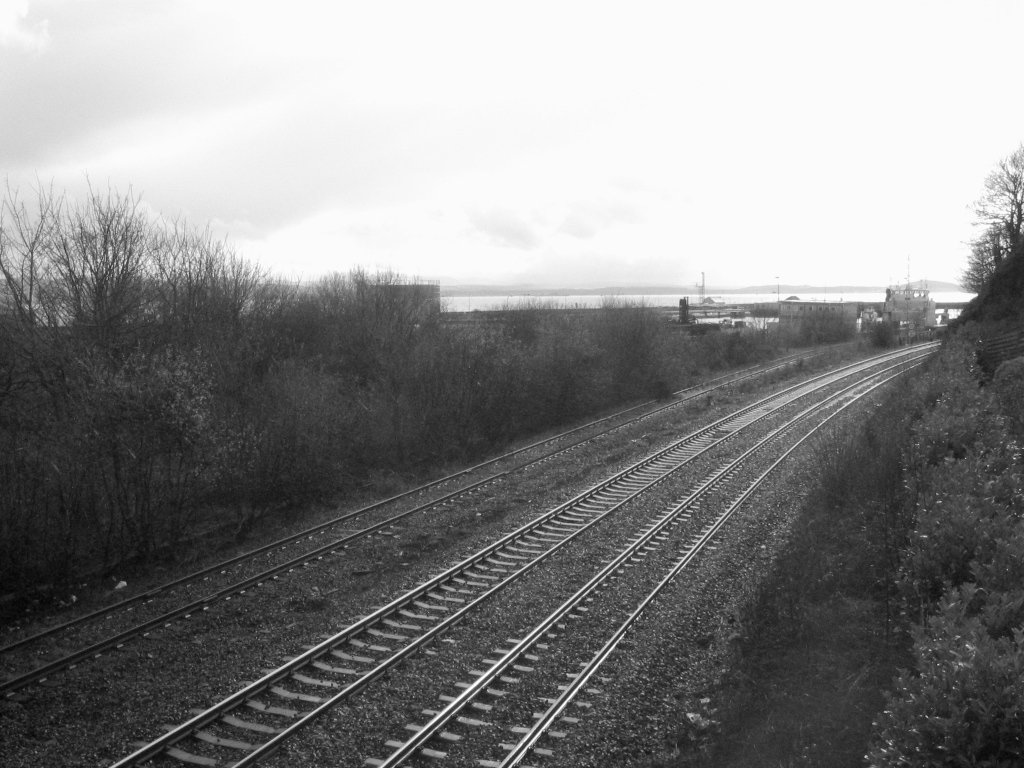 a black and white po of railroad tracks