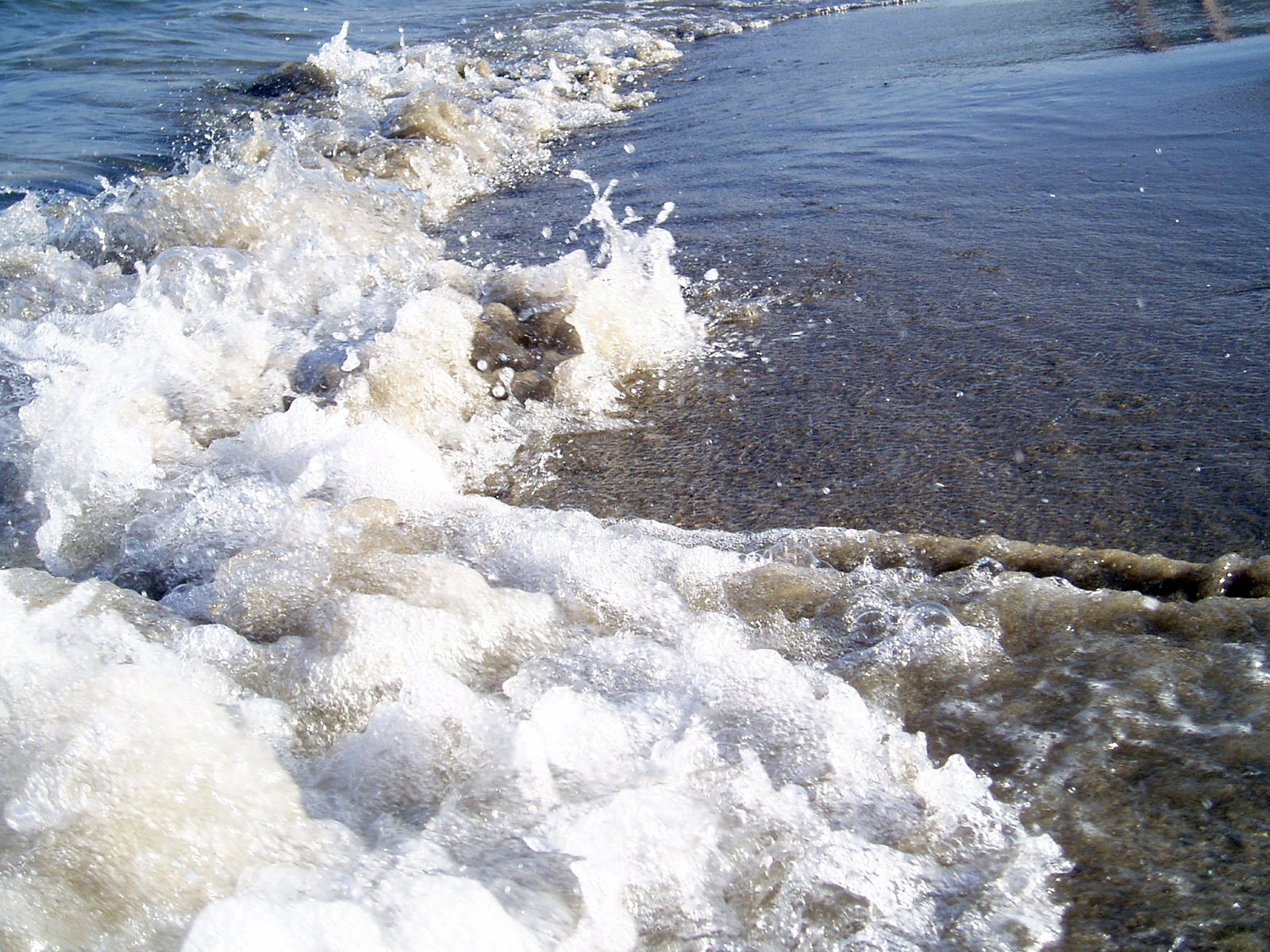 some small foamy waves near the water