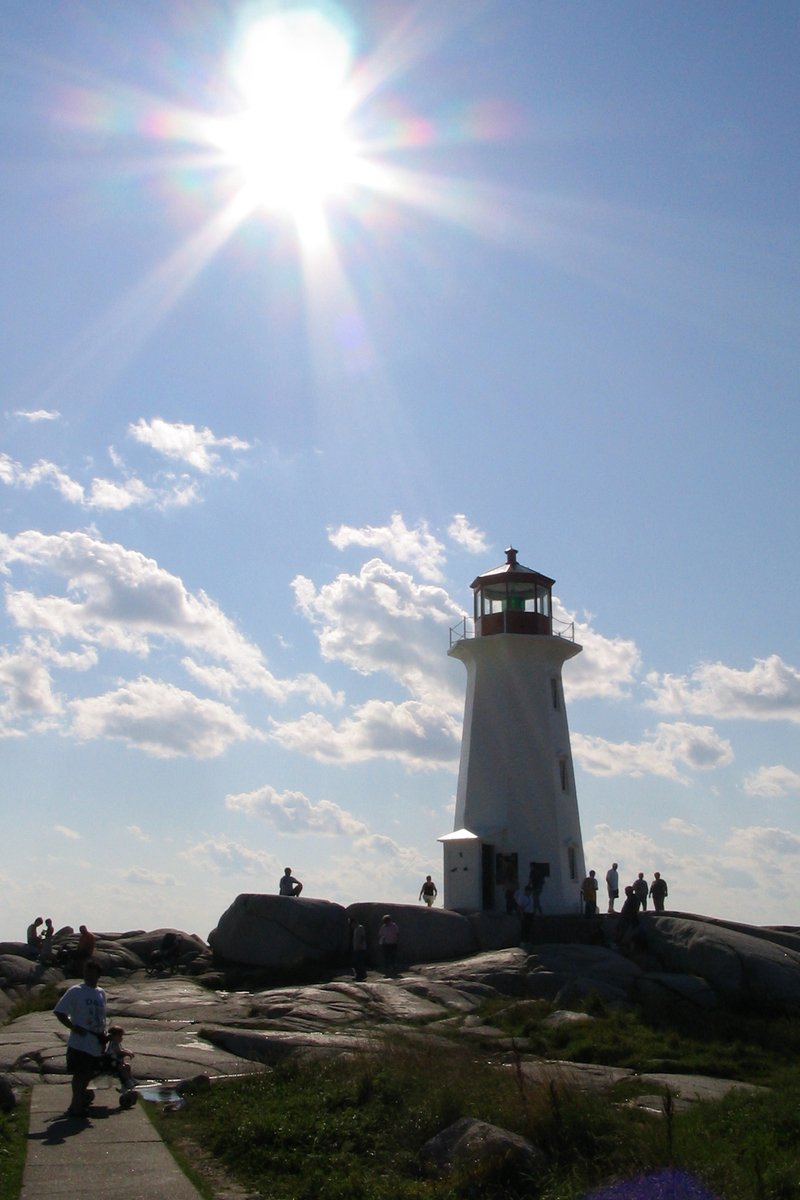 people standing in front of a lighthouse and the sun