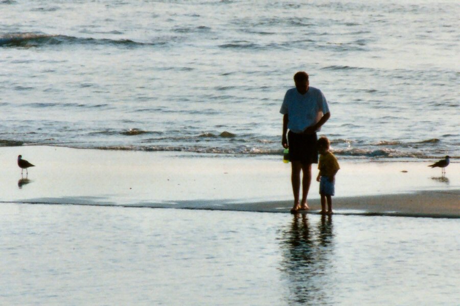 a man and a child stand on the beach in front of the ocean