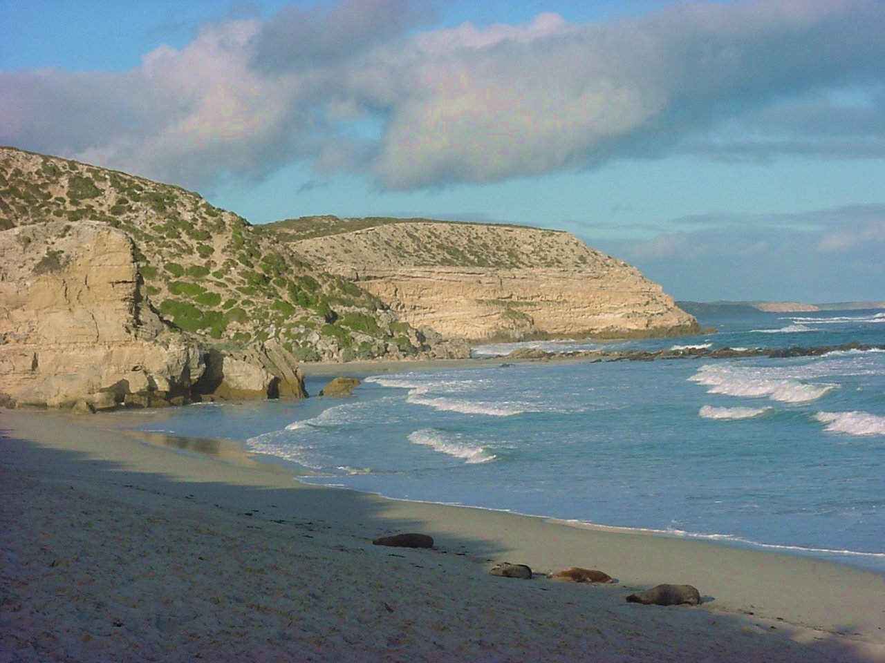 people walk along a beach by a rocky cliff