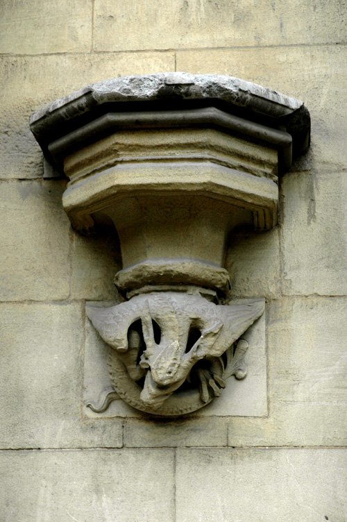 the gargoyle features on this building's exterior