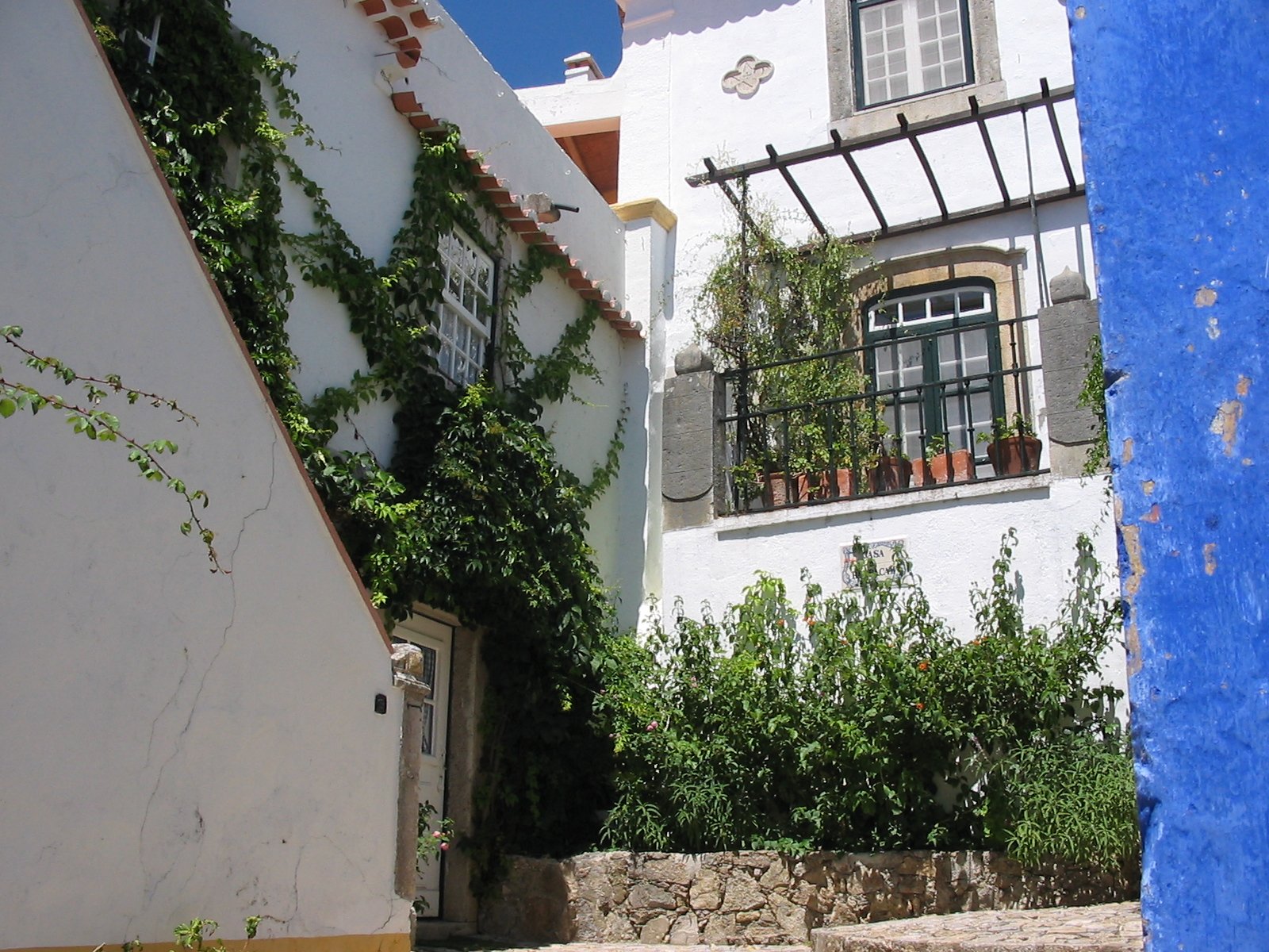 two buildings, a balcony and several plants on the side