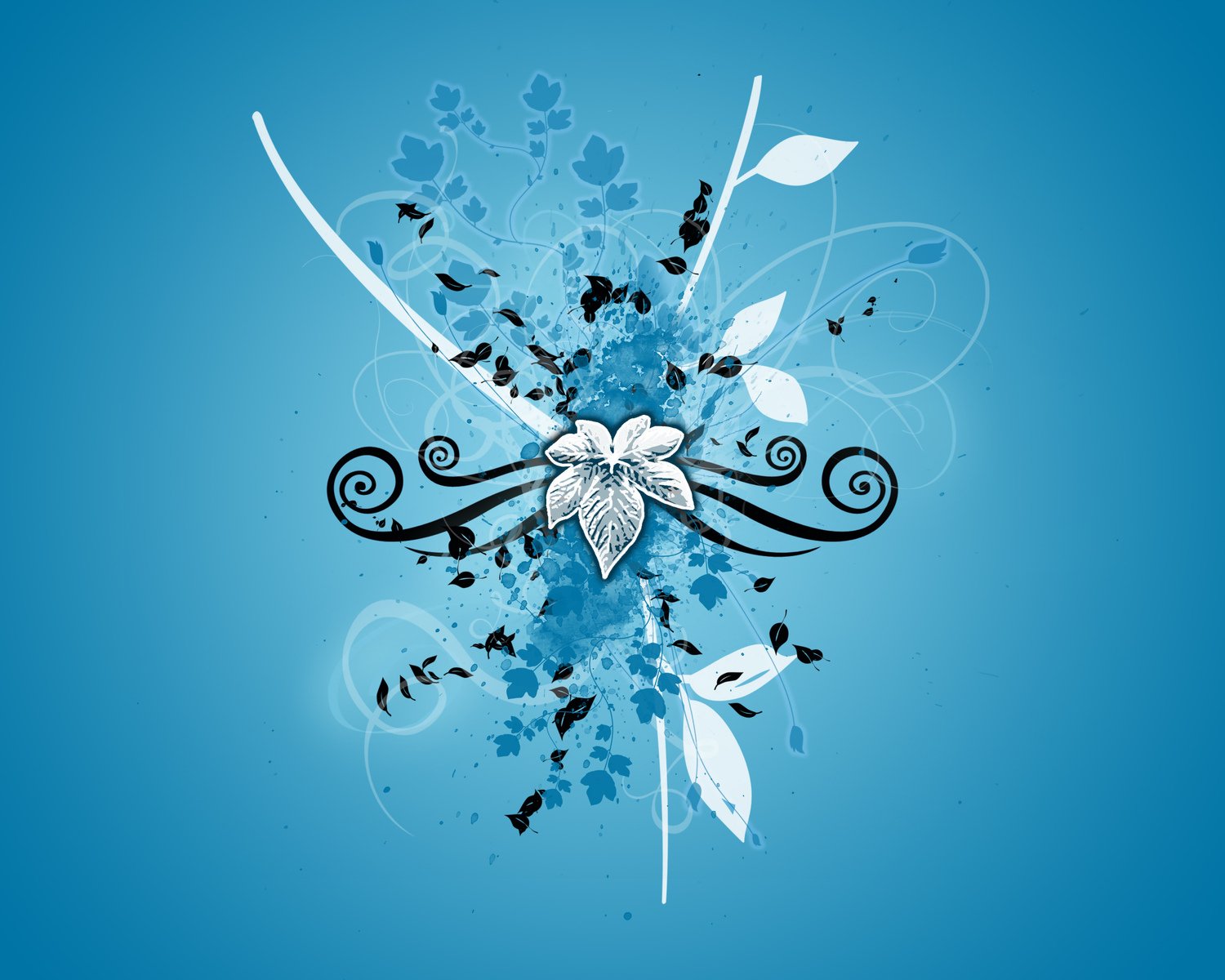 an abstract floral design with feathers and flowers on blue