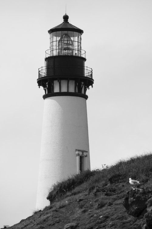 a large lighthouse with a black top on a hill