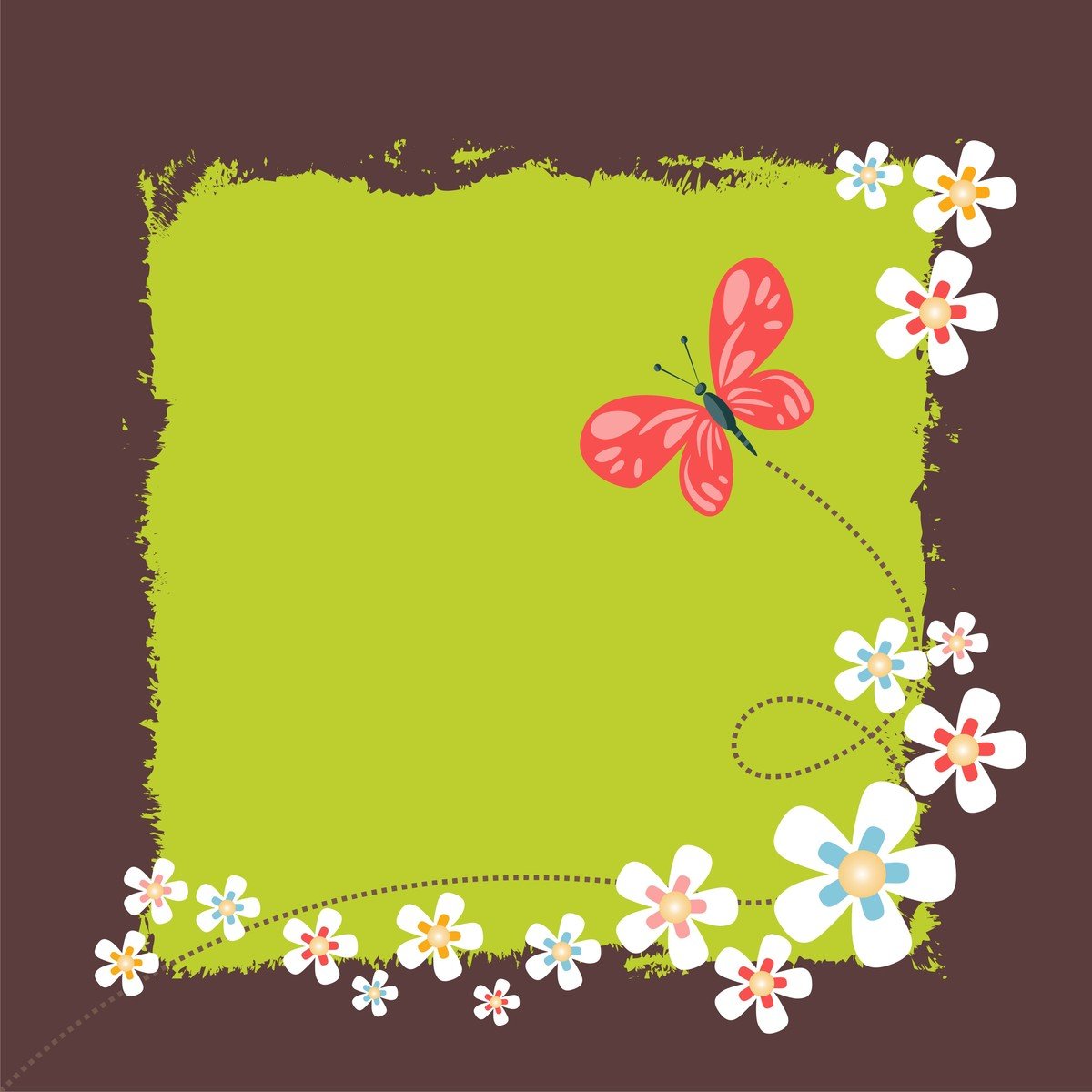 a green square frame with white flowers and a red erfly