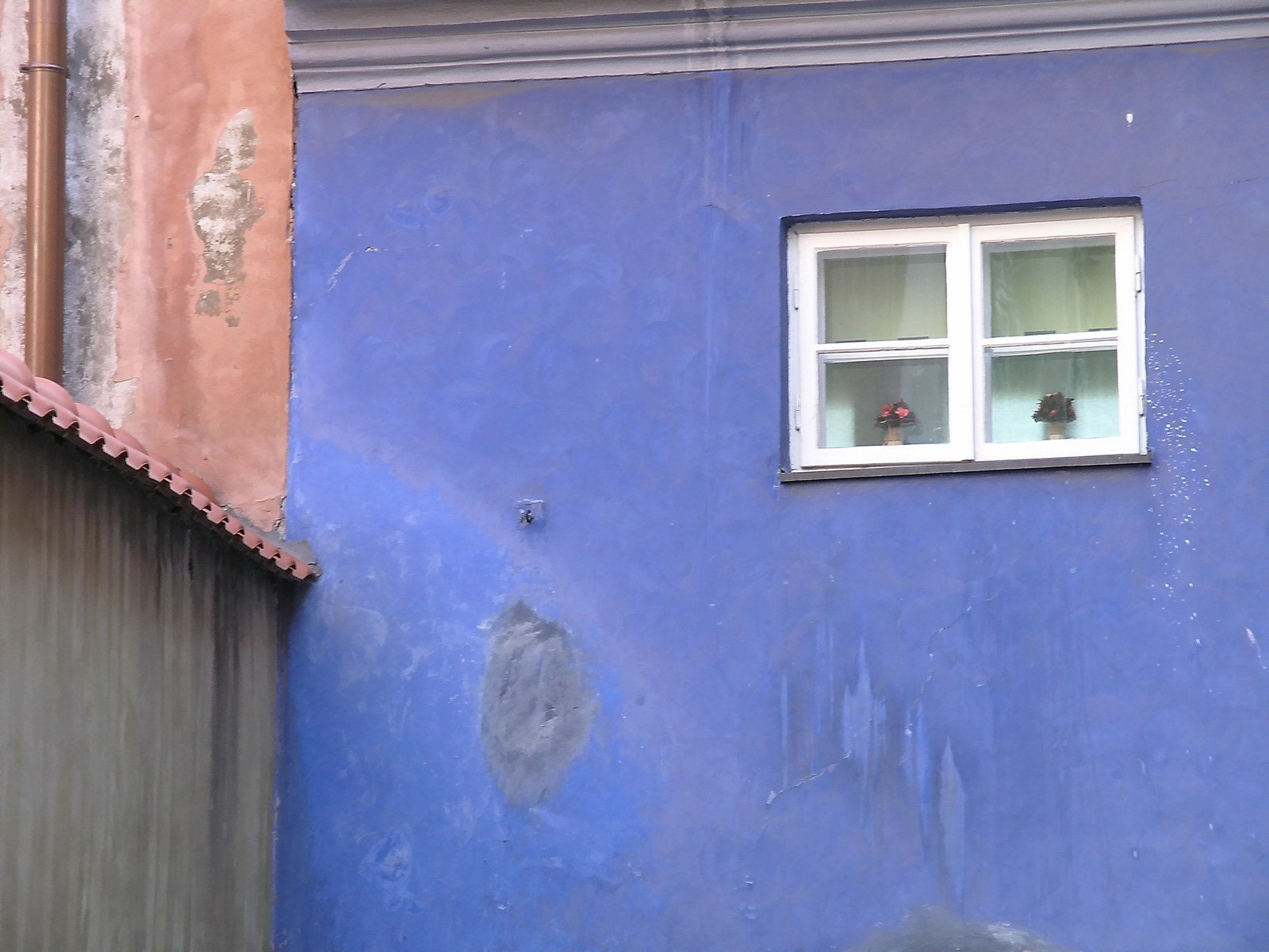 a corner of the house with two windows with different colored walls and blue