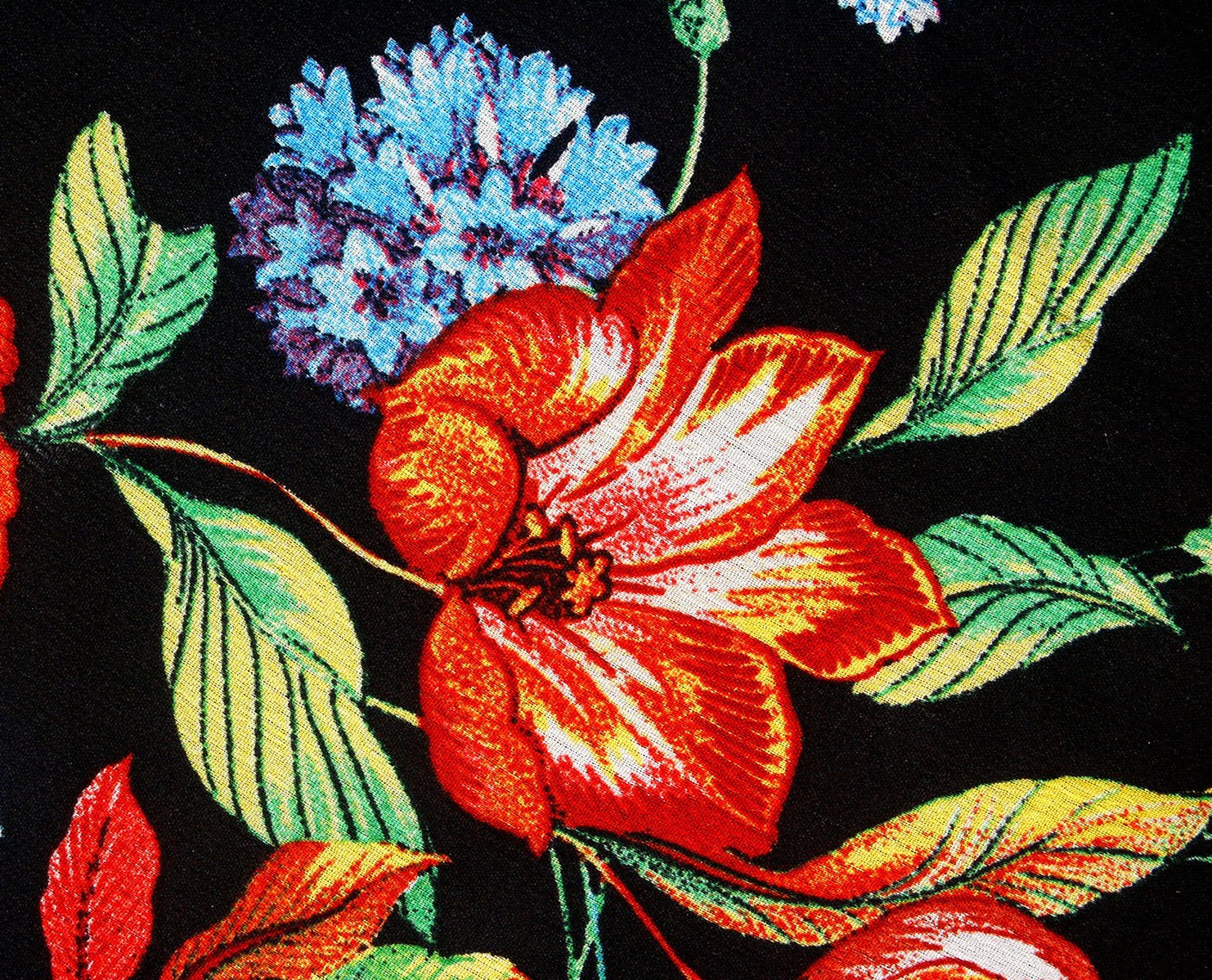 colorful flower tapestry on black background with blue flowers
