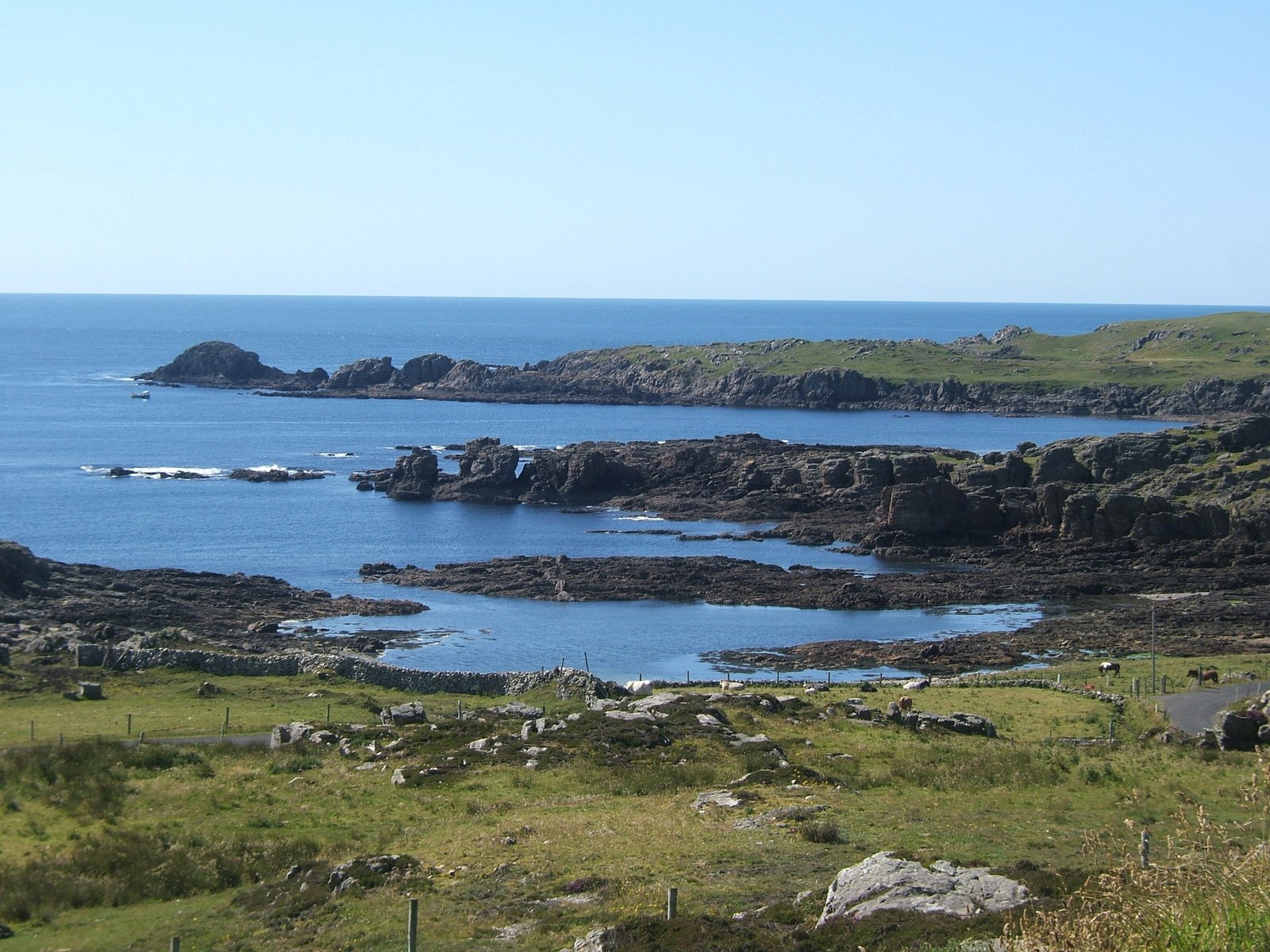 the ocean is surrounded by small rocks and grass