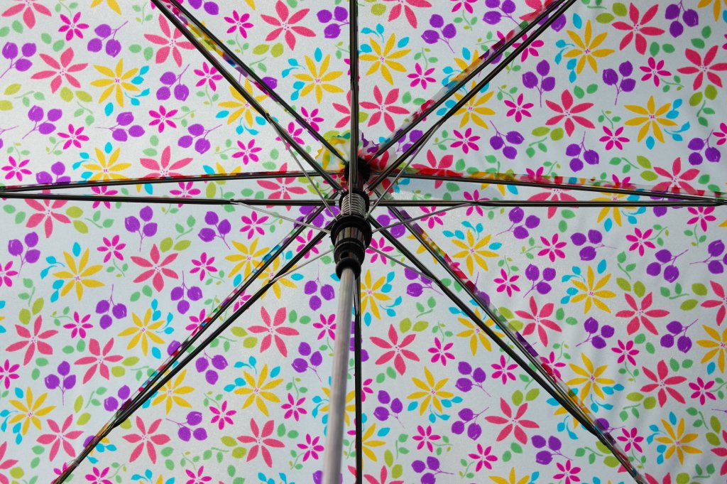 a flower print umbrella laying open in the sun