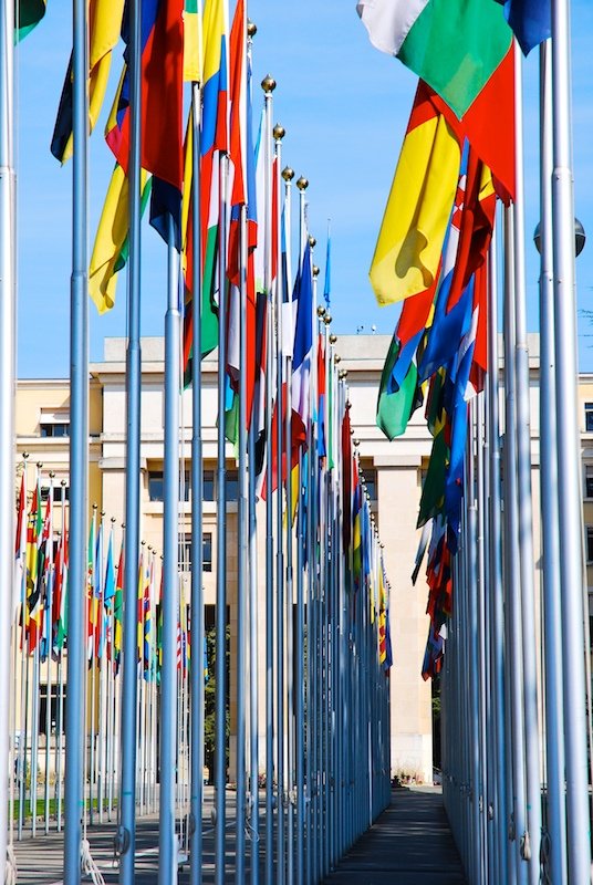 many flags flying in the wind by a building