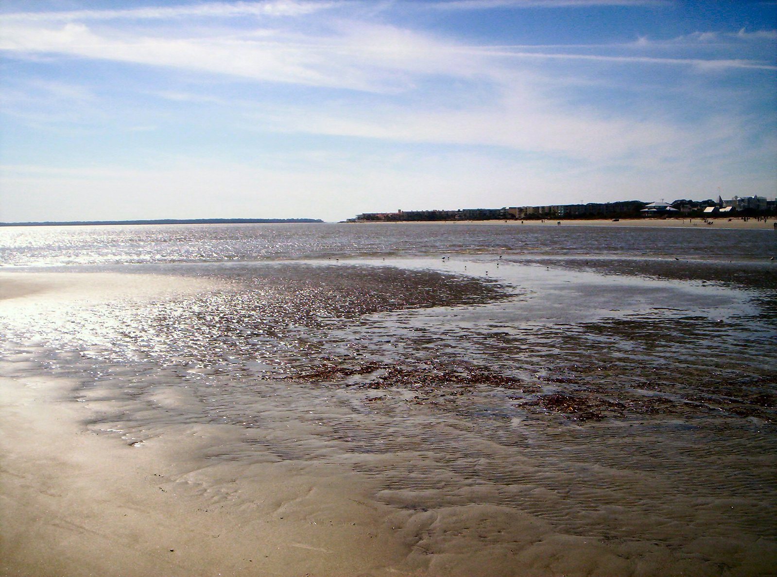 the ocean water is glistening at a low tide