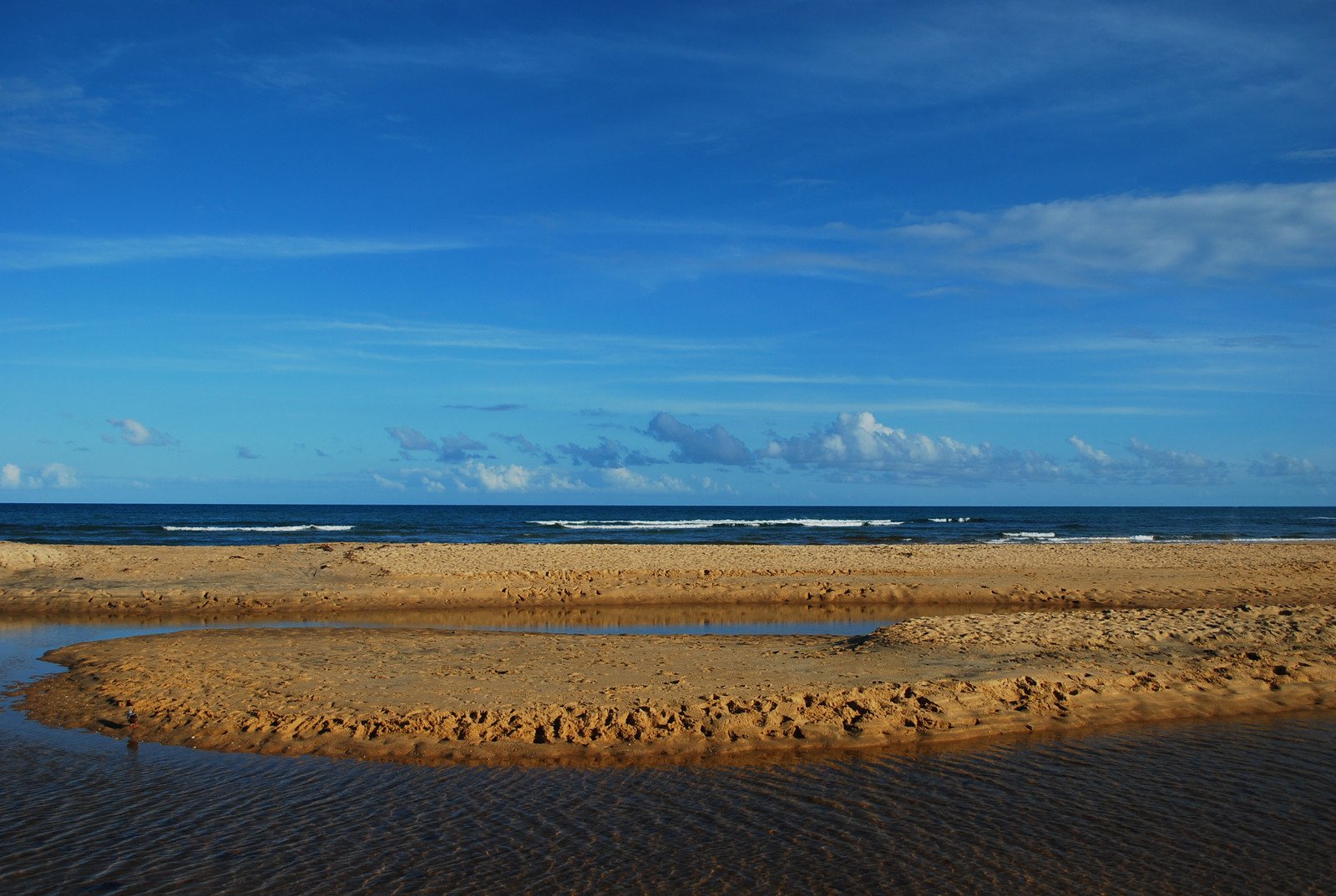 a large sandy beach with blue sky and ocean
