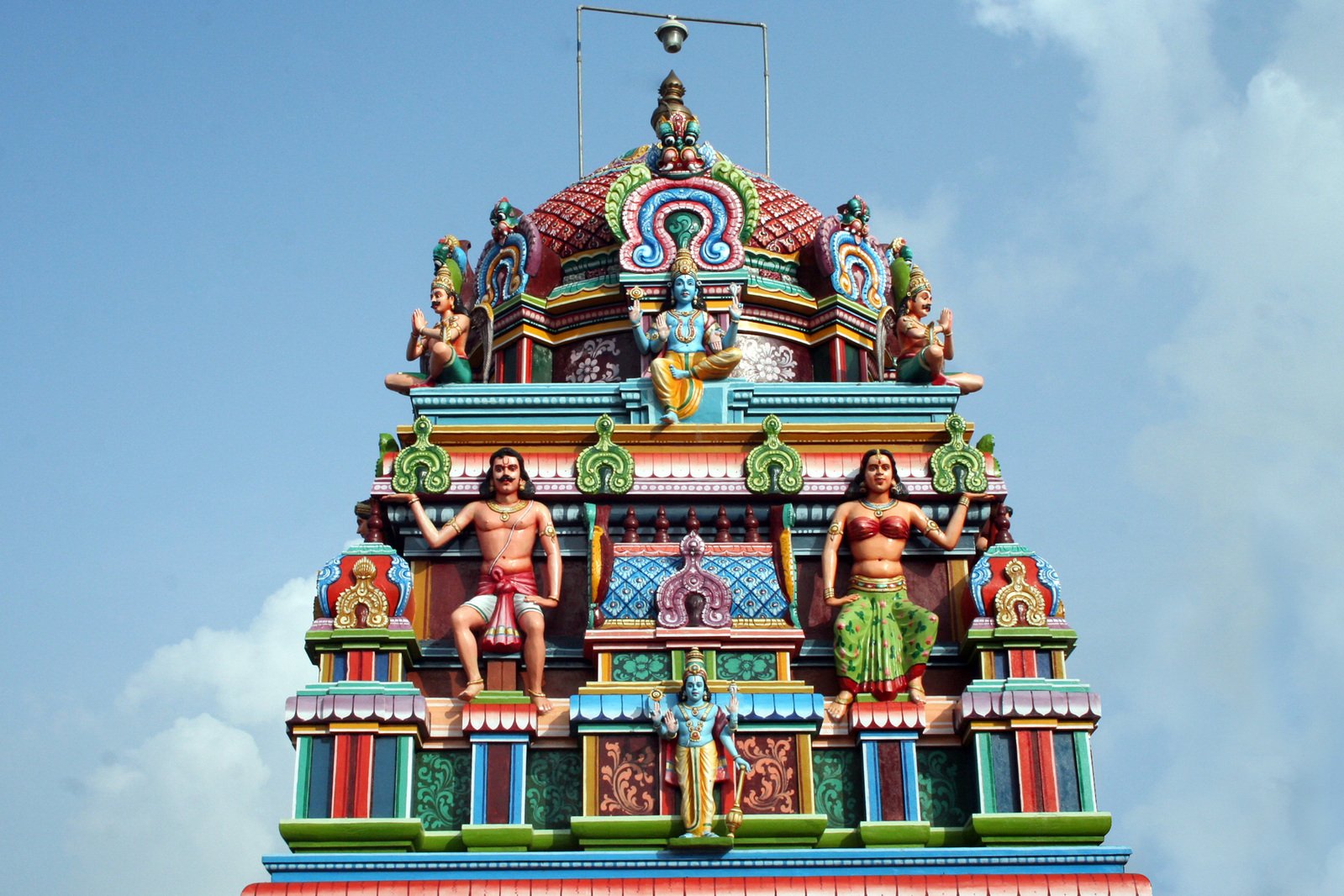 ornate architectural features on top of multi colored building