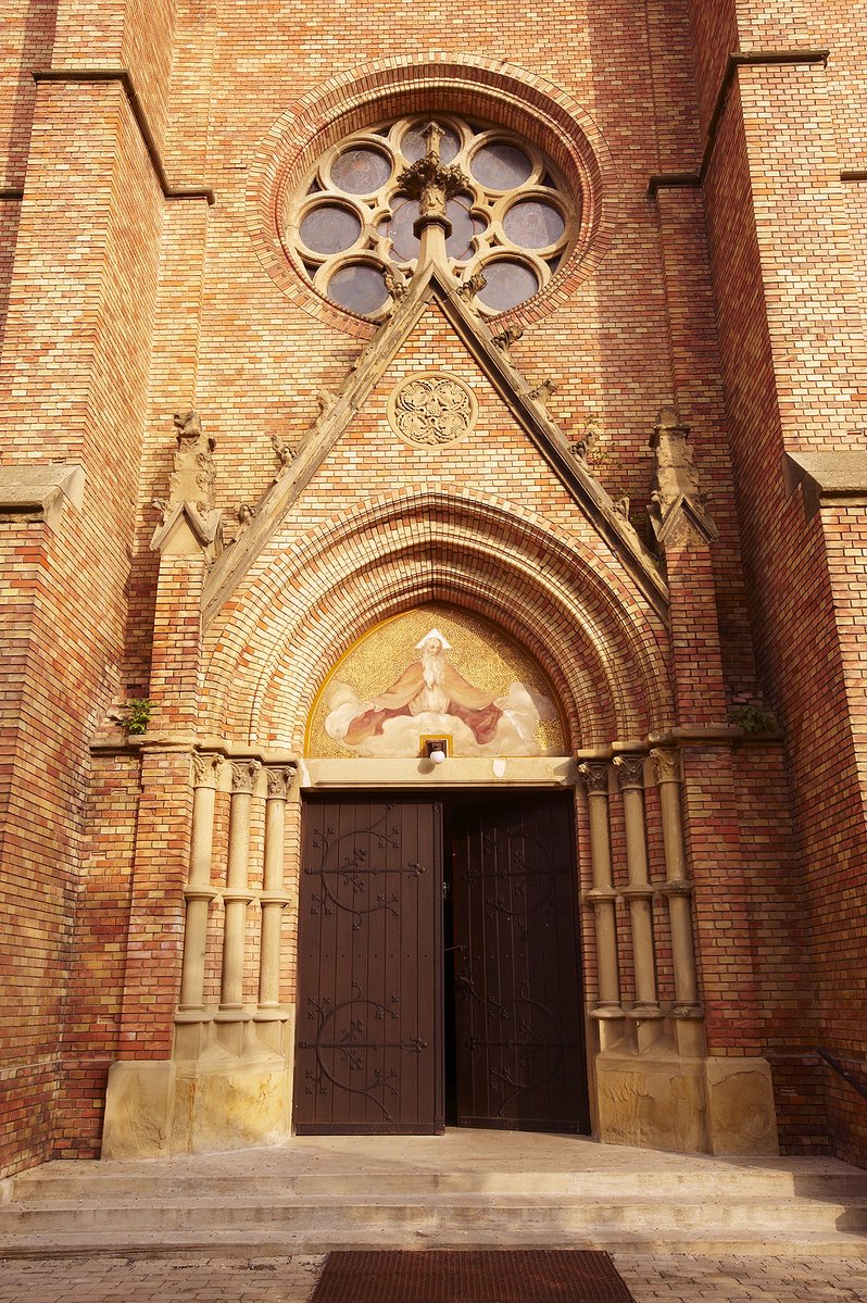 the large brick building has a large door